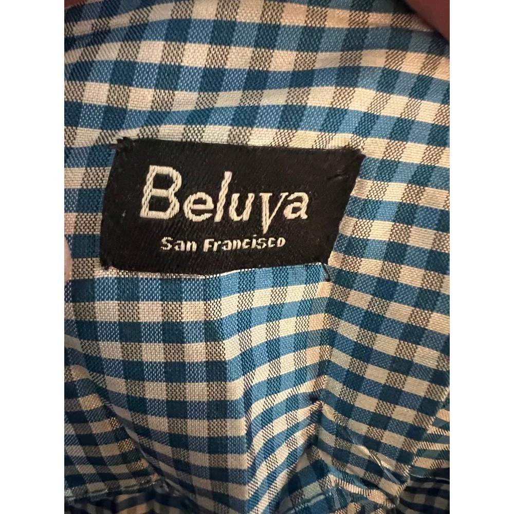 Beluya San Francisco Blue Gingham Smocked Empire Waist Peplum Blouse XS